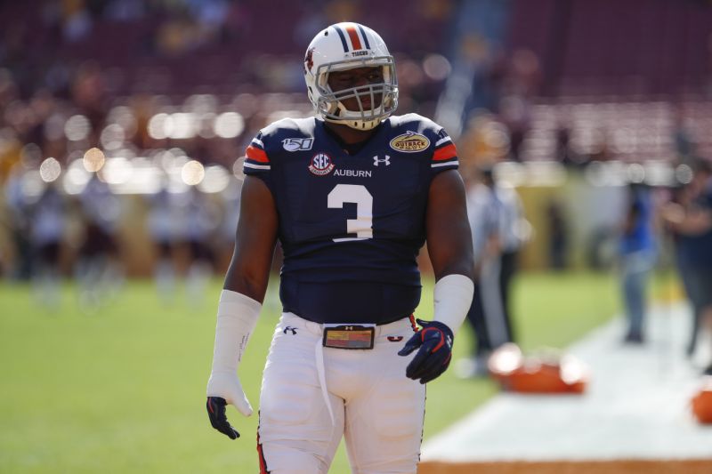 Auburn defensive end Marlon Davidson during the Outback Bowl against Minnesota on Jan. 1, 2020 at Raymond James Stadium in Tampa, Florida. (Photo by Mark LoMoglio/Icon Sportswire via Getty Images)