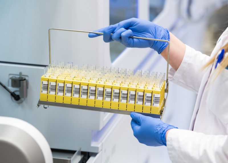 27 مارس 2020 ، Schleswig-Holstein ، Geesthacht: فني مختبر بيولوجي من شبكة مختبر LADR يحلل الدكتور كرامر وزملاؤه العينات البيولوجية الجزيئية لفيروس السارس CoV-2. يقوم المختبر حاليًا بتقييم حوالي 1500 اختبار كورونا يوميًا. (ل dpa 